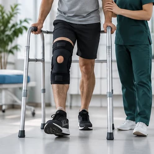 Patient in a knee brace walking with a frame, supported by a clinician