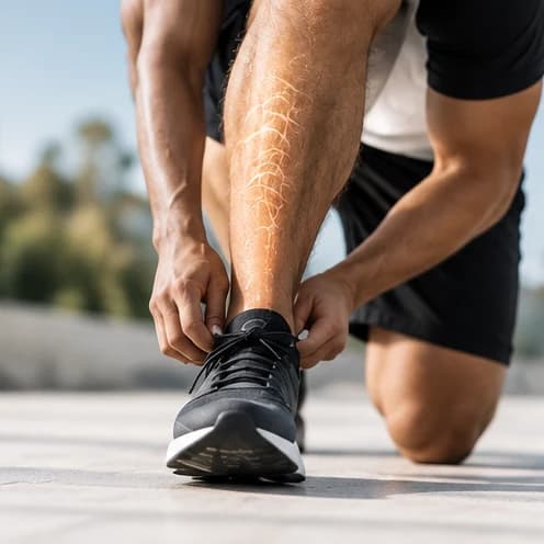Runner crouched with a lower-leg strain highlighted