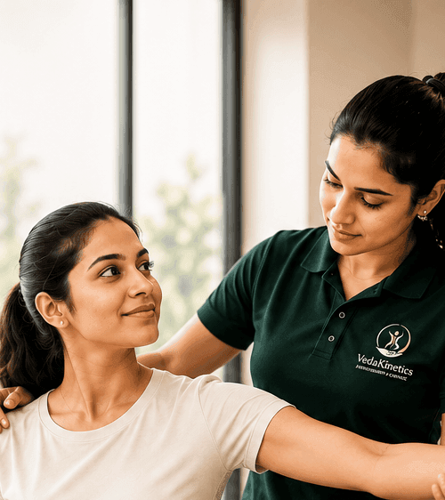 A VedaKinetics physiotherapist guiding a patient through a shoulder mobility exercise